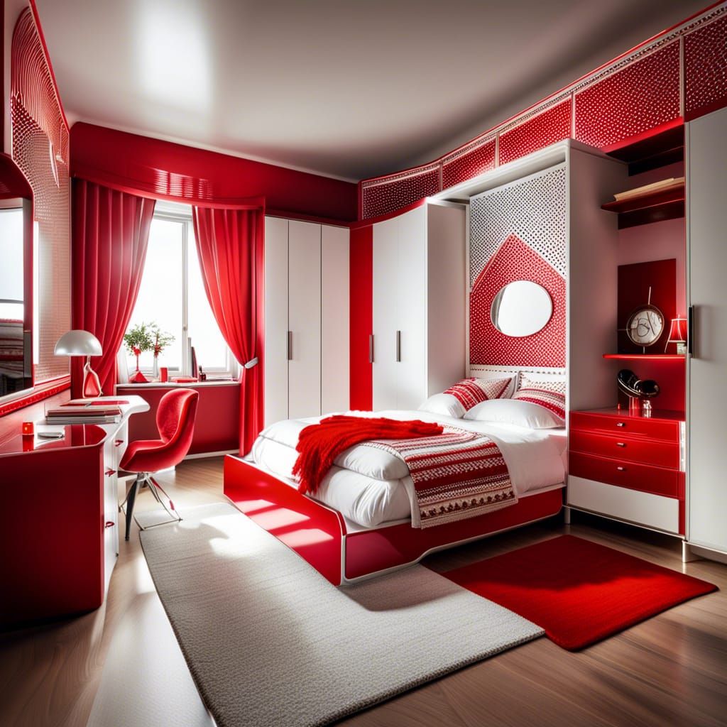 Hyperrealistic Red and White Bedroom Interior