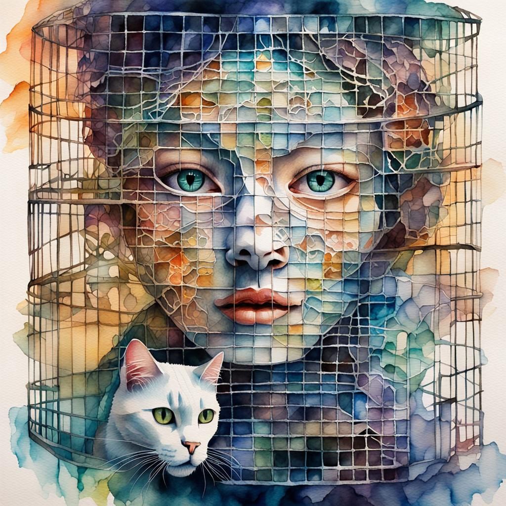 Surreal Watercolor Faces in Cage-Like Structure