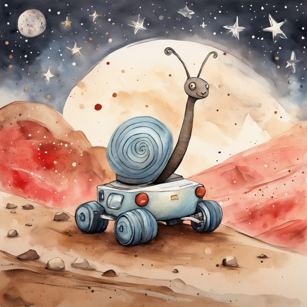 Whimsical Snail Riding Curiosity Rover, Watercolour Painting