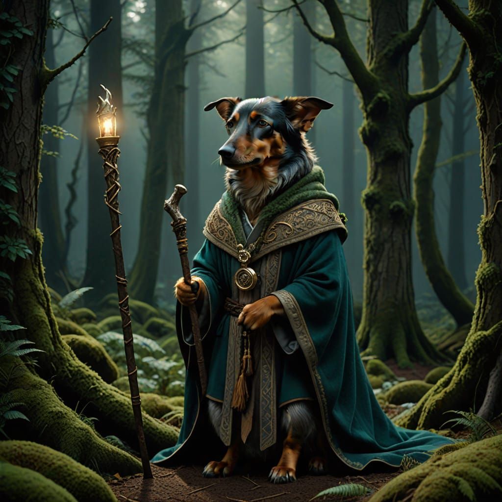 Earth Druidess Dachshund Surrounded by Ancient Forest Mystiq...
