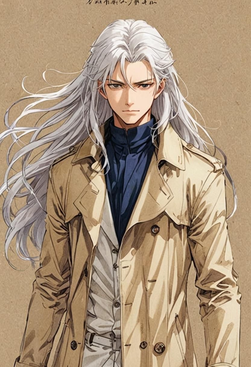 Anime Style Man with White Hair and Trench Coat