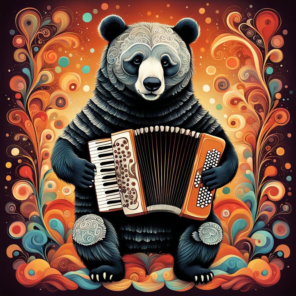 Panda Bear Plays Accordion with Abstract Fractal Design