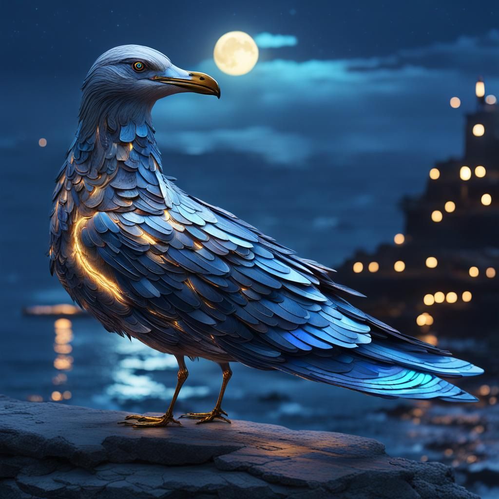 Cyber Seagull Gazing at the Sea in Futuristic Style