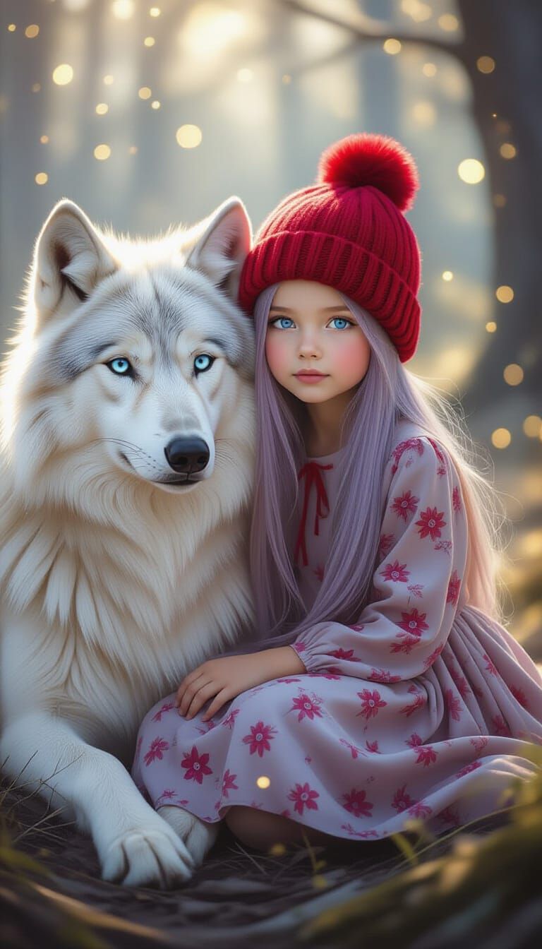 Enchanted Child and White Wolf in Magical Forest