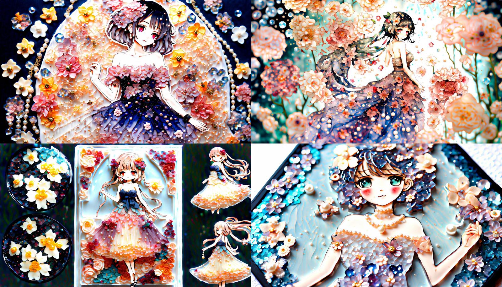 Anime Chibi Woman in Dress of Flowers and Pearls