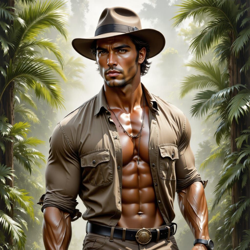 Handsome Man in Fedora Hat in Tropical Jungle