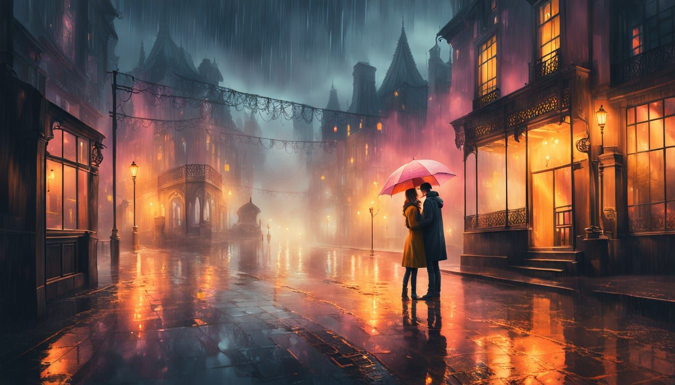 Romantic Rainy Night in Moody Digital Painting