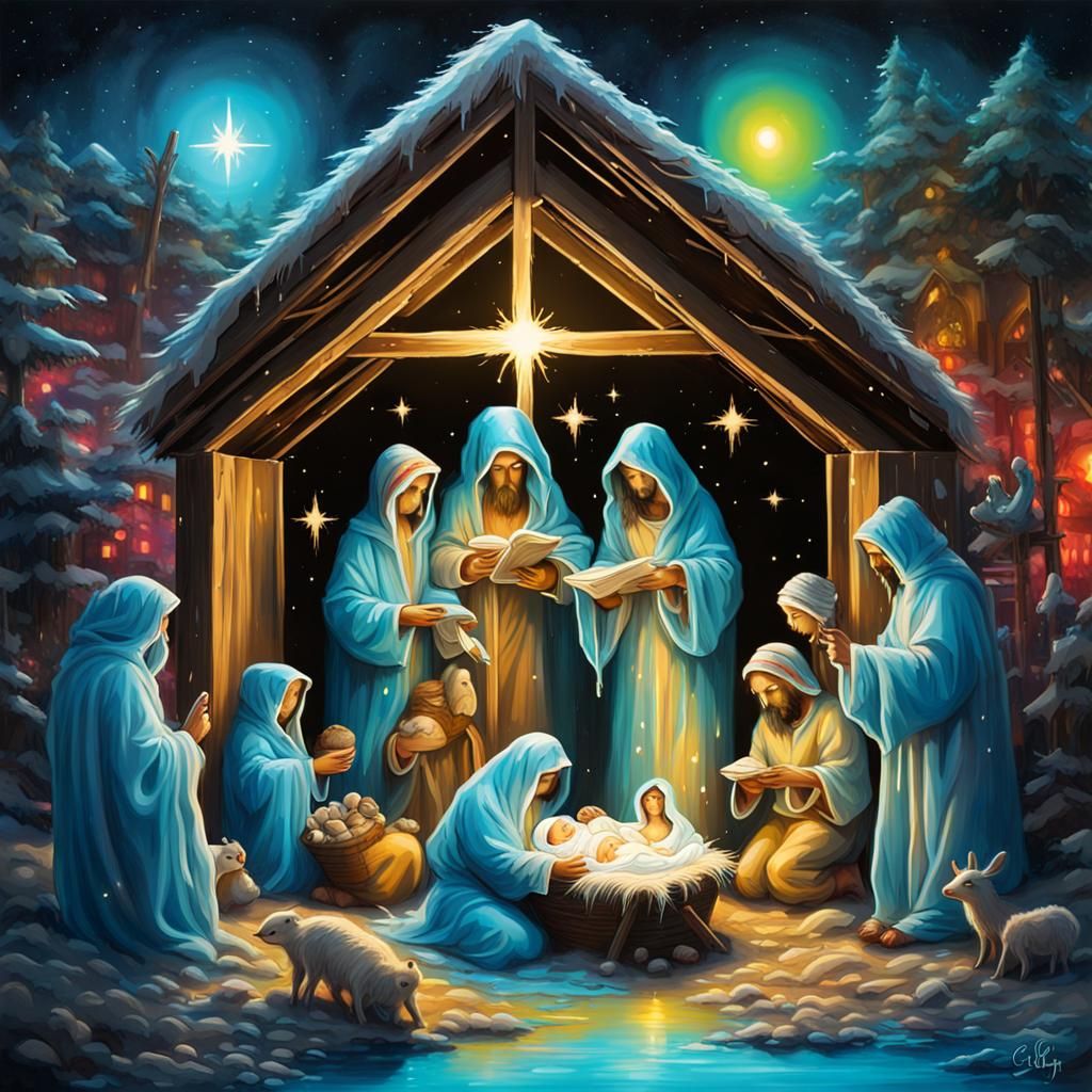 Bioluminescent Nativity Scene in Graffiti Art Style
