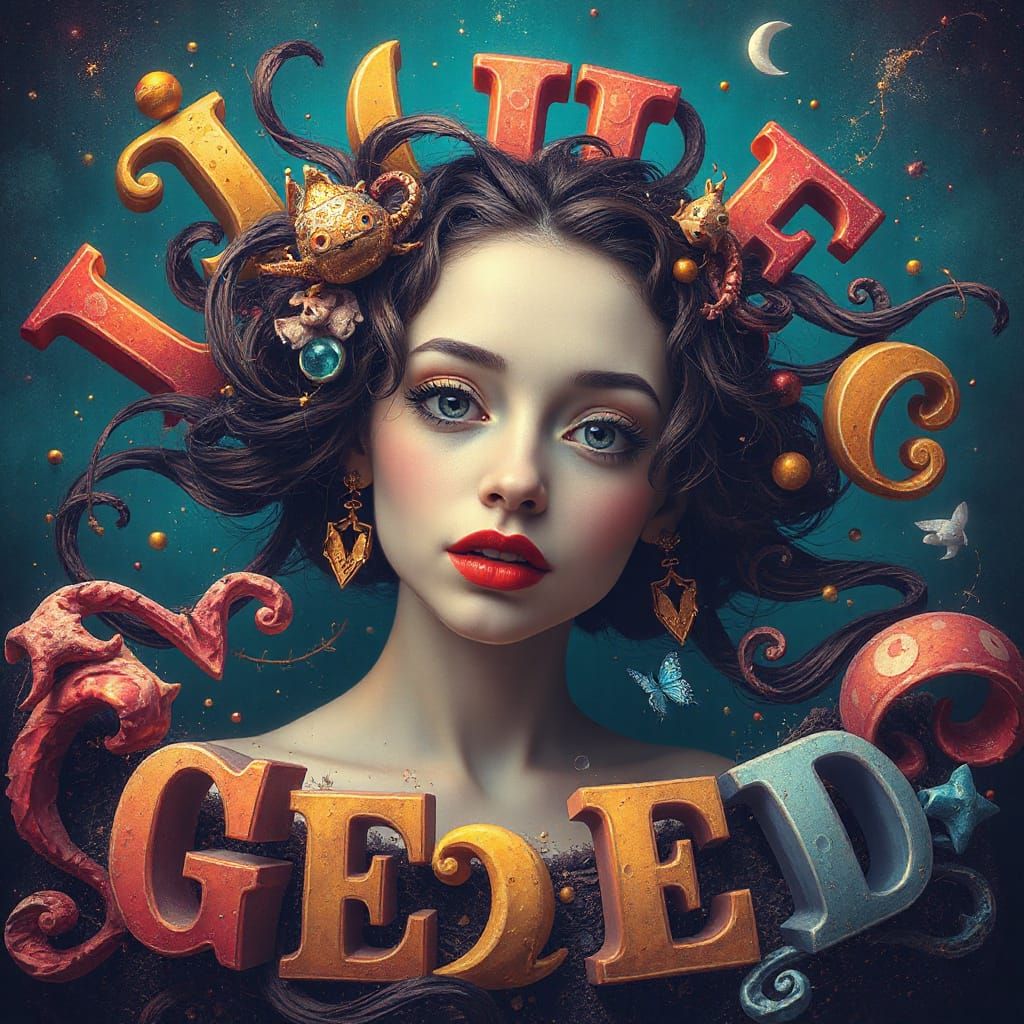 Whimsical Woman in Swirling Letters, Fantastical Art