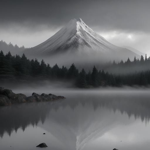 Monochrome Japanese Landscape with Temples in Rain
