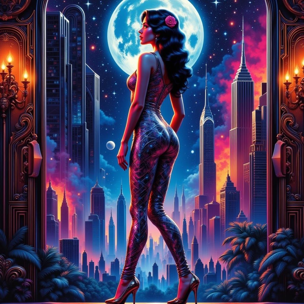 Glamorous Pin-Up Woman in Art Deco Flux Style