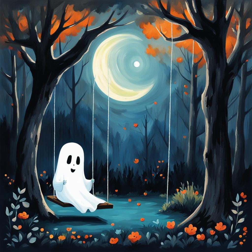 little ghost sat on a swing in a dark wood, illuminated by moonlight. Gouache painting, bold brush strokes.