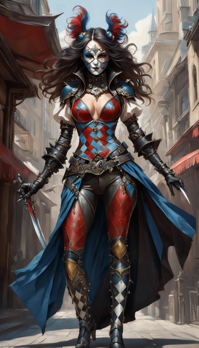 Gothic Harlequin: Dark Fantasy Art in Alphonse Mucha Style