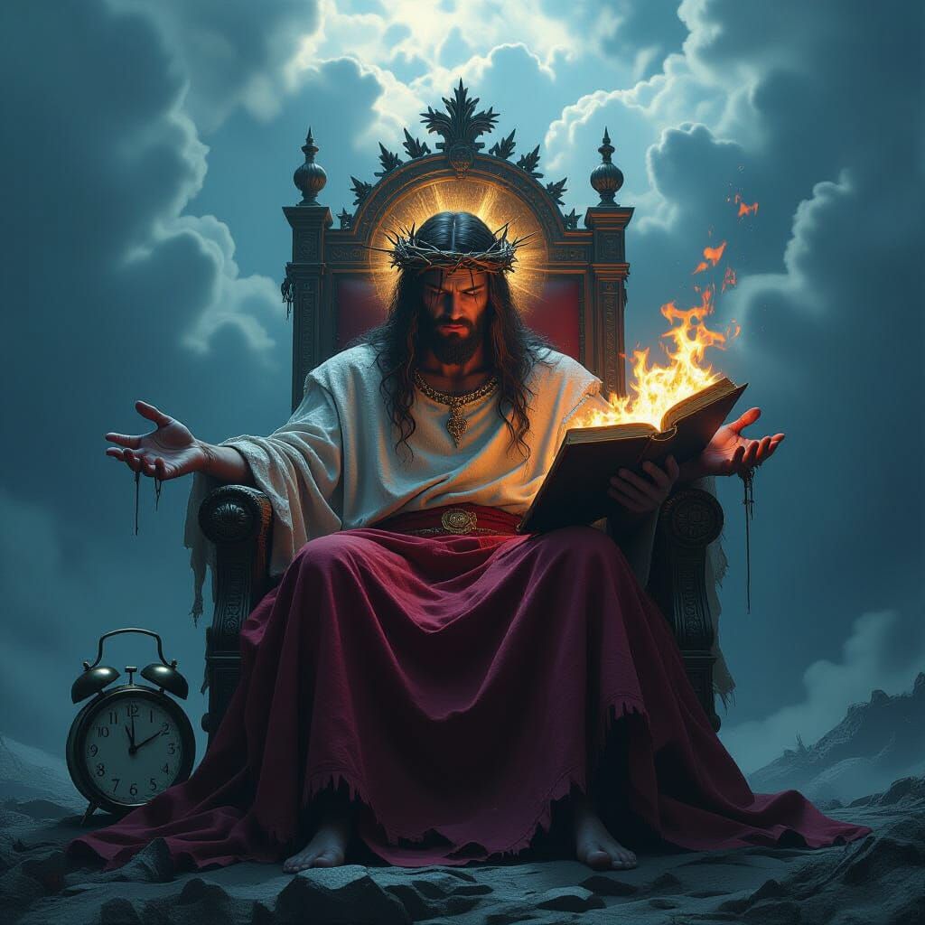 Tormented God on a Throne in Stormy Sky