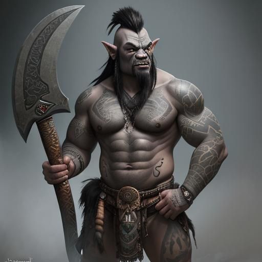 Tribal Orc Warrior with Axe in Ethereal Landscape