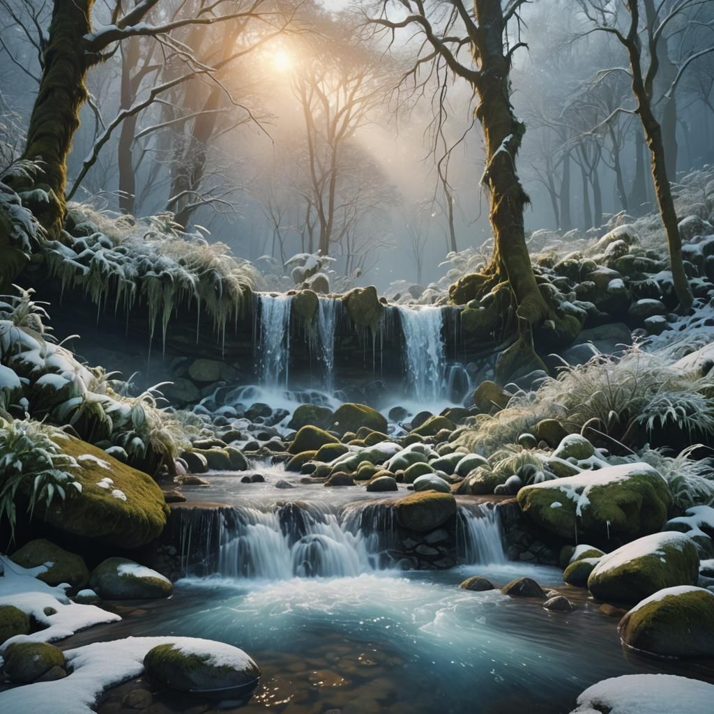 Winter Rainforest Waterfall in Digital Matte Painting