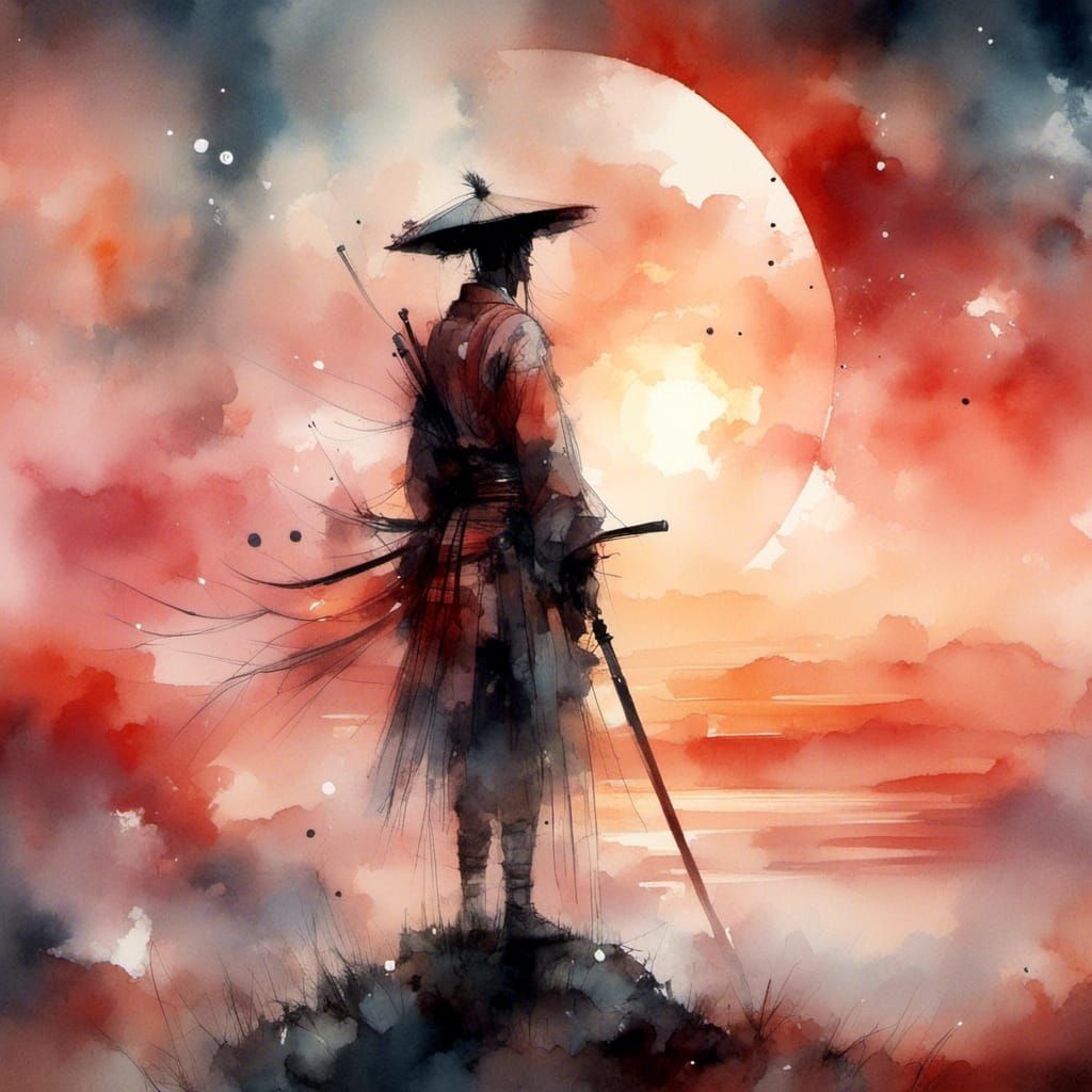 Samurai on Hill Under Blood Moon