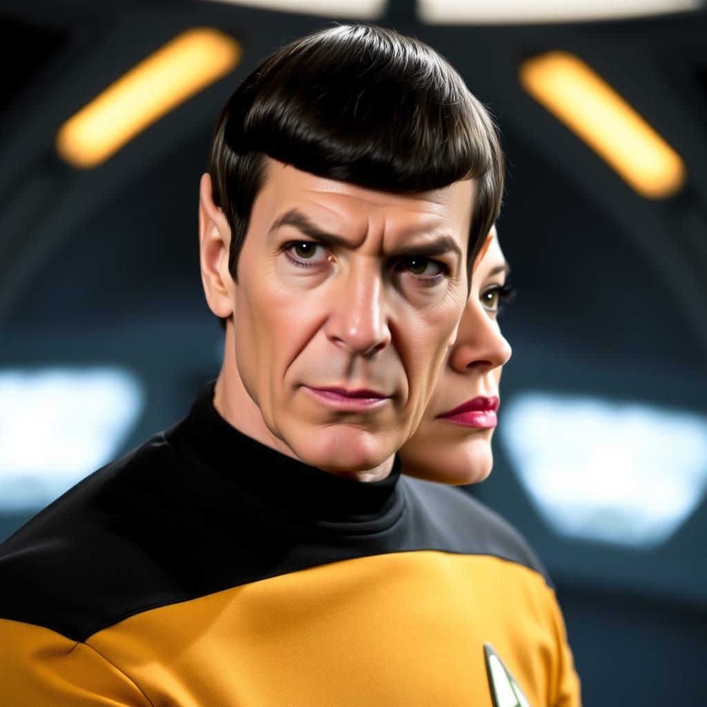 Leonard Nimoy as Spock blended with Jeri Ryan as Seven of Nine from "Star Trek"