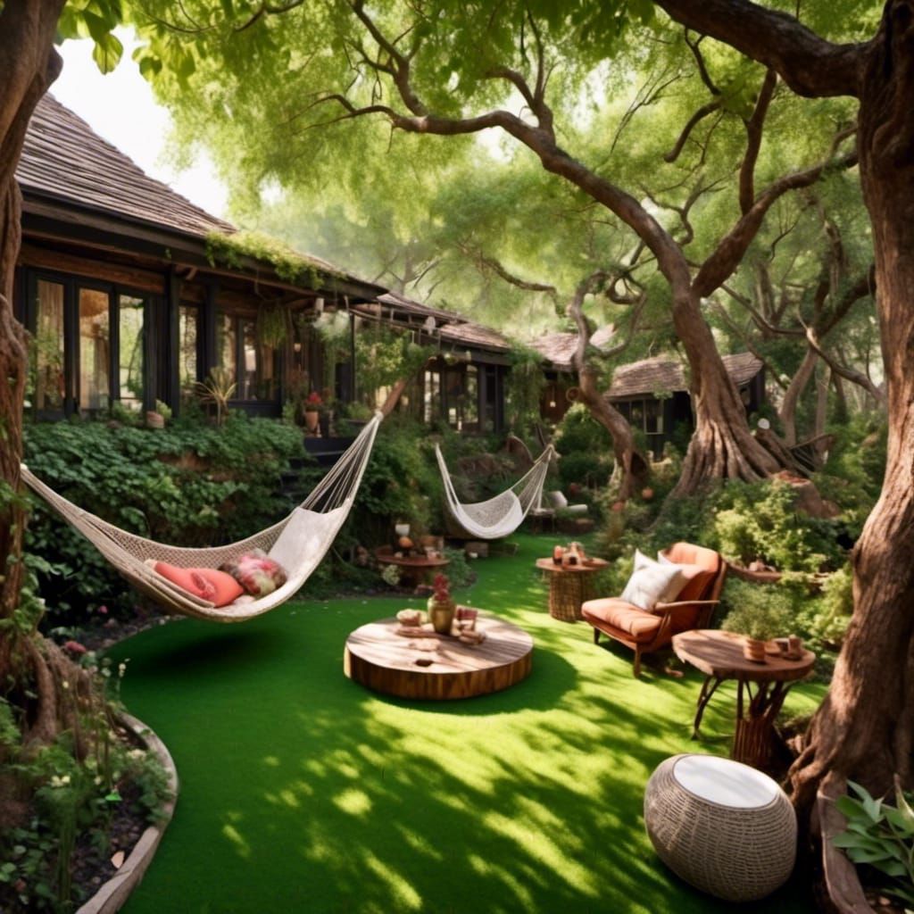 Enchanting Treehouse Lounge with Hammock and Armchairs