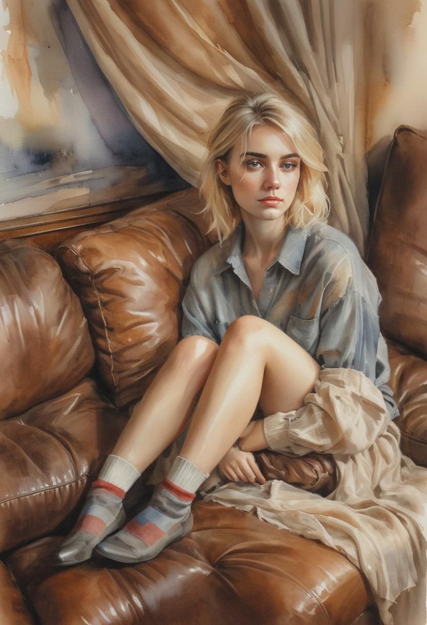 Melancholic Girl on Leather Couch: Watercolor Portrait