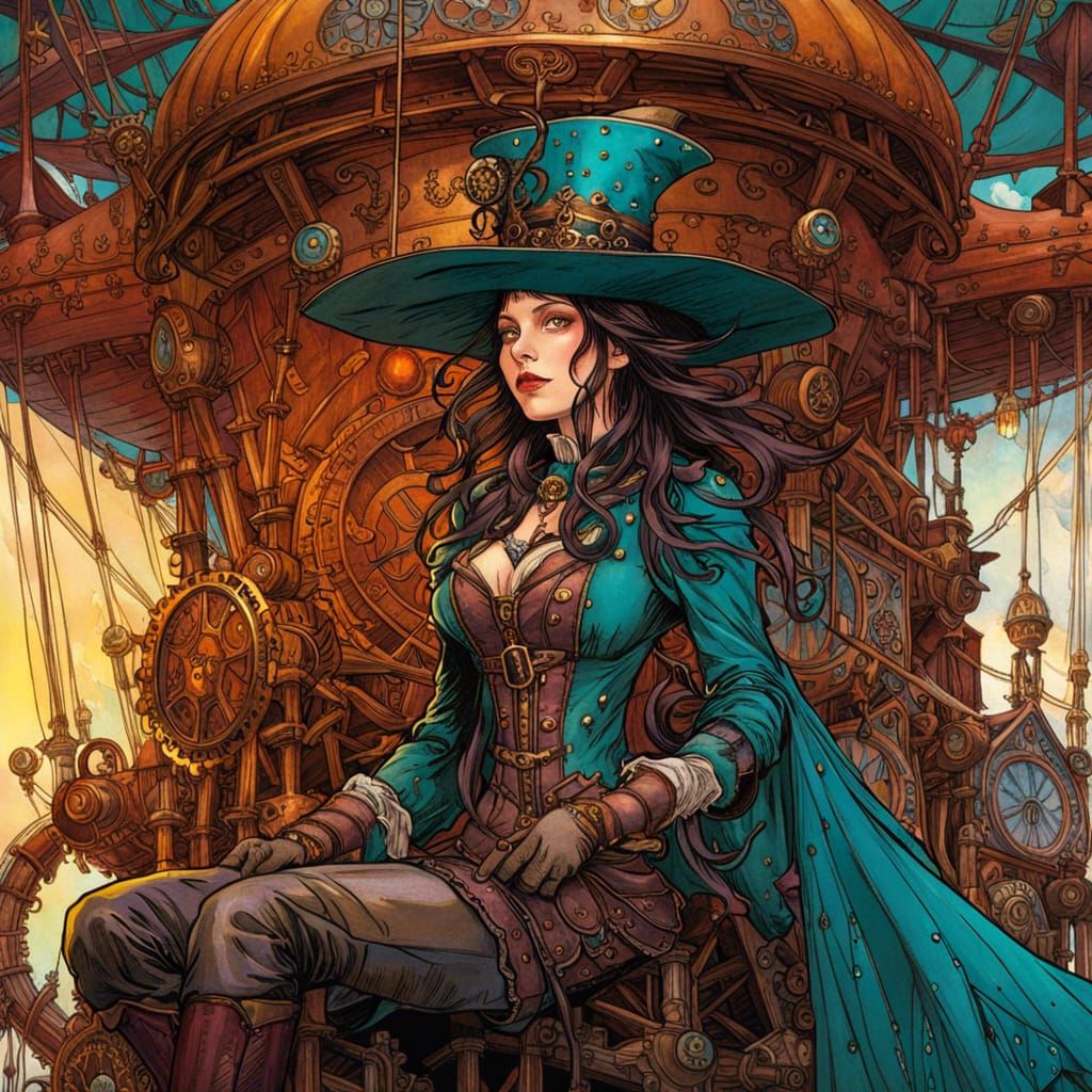 Steampunk Witch on Airship in Detailed Steampunk Style