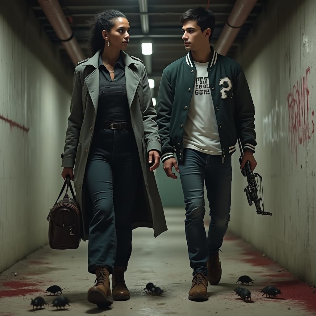 Realistic Photo of Woman and Man in Abandoned Basement