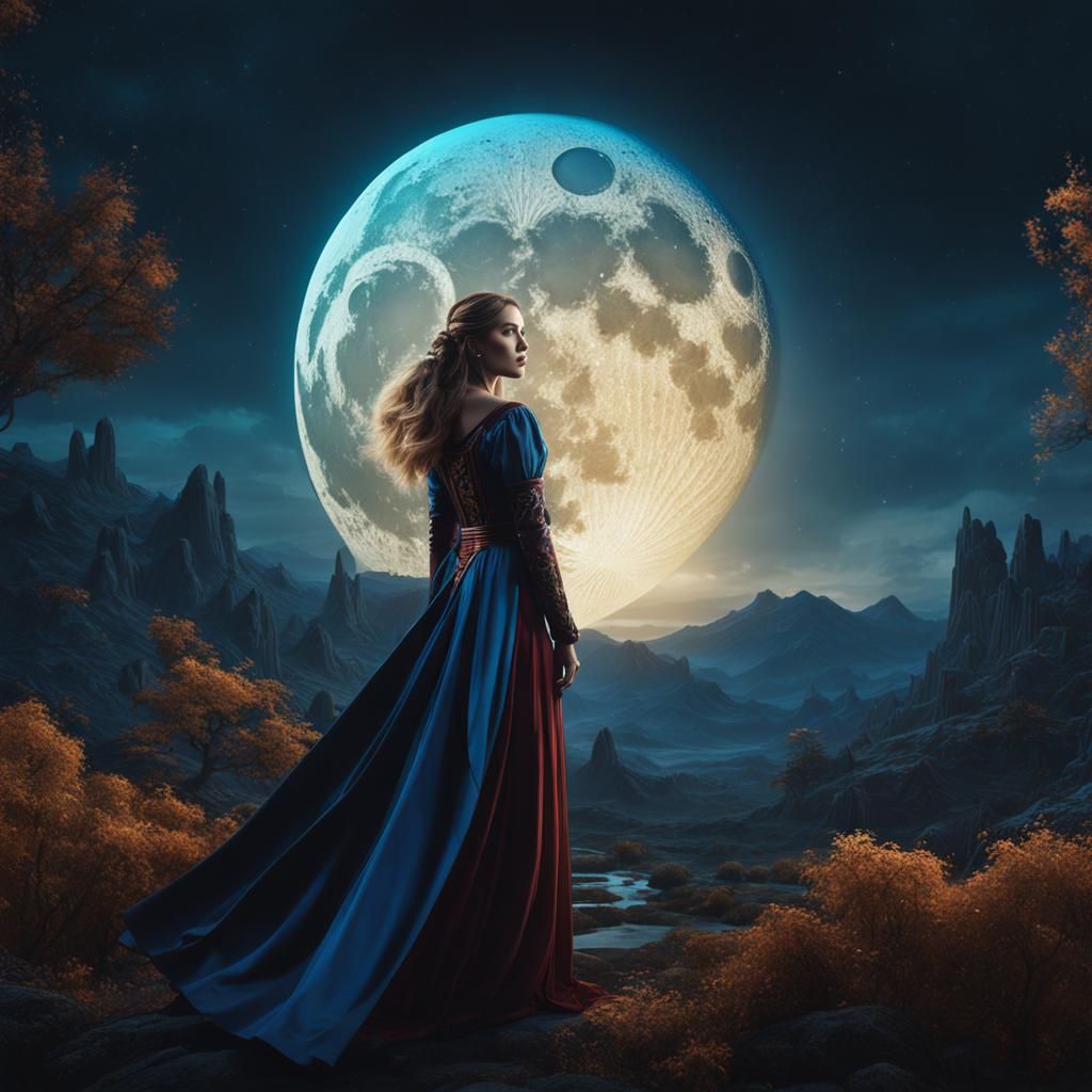 Woman Searches for Baby Under Moon: Fantasy Art