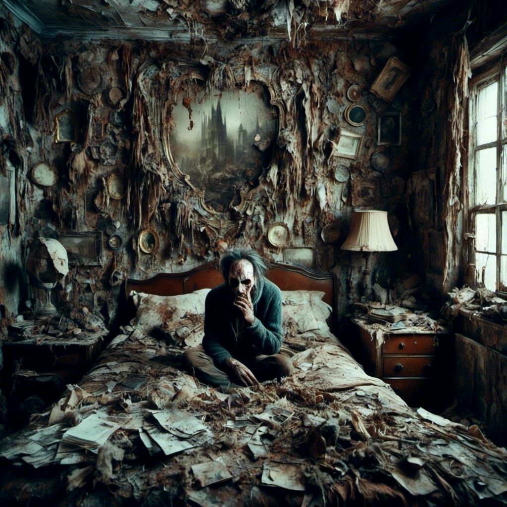 Cracked Walls: A Macabre Bedroom Scene in Mixed Media