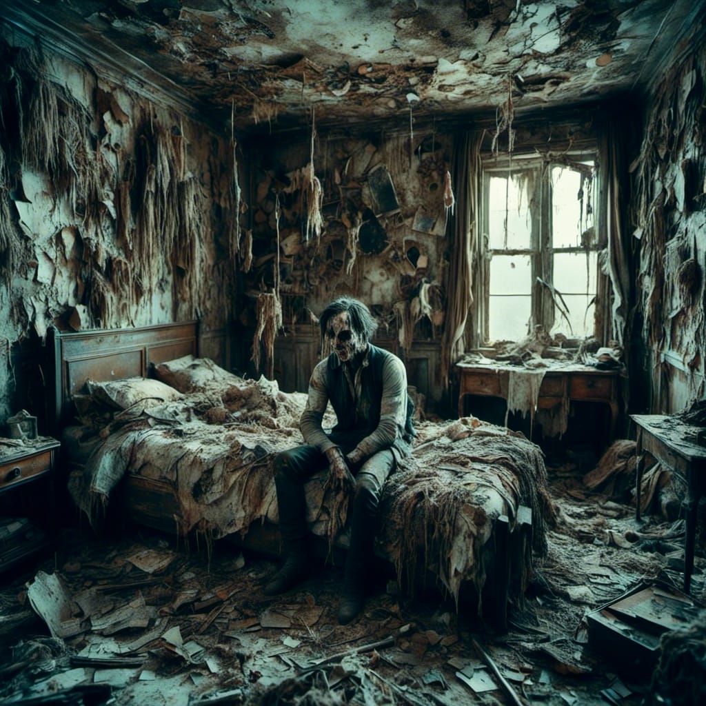 Distressed Man in Bedroom: Hyperrealistic Macabre Photograph...