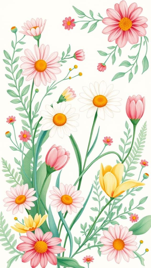 Vibrant Floral Pattern in Soft Pastel Hues on Textured Backg...