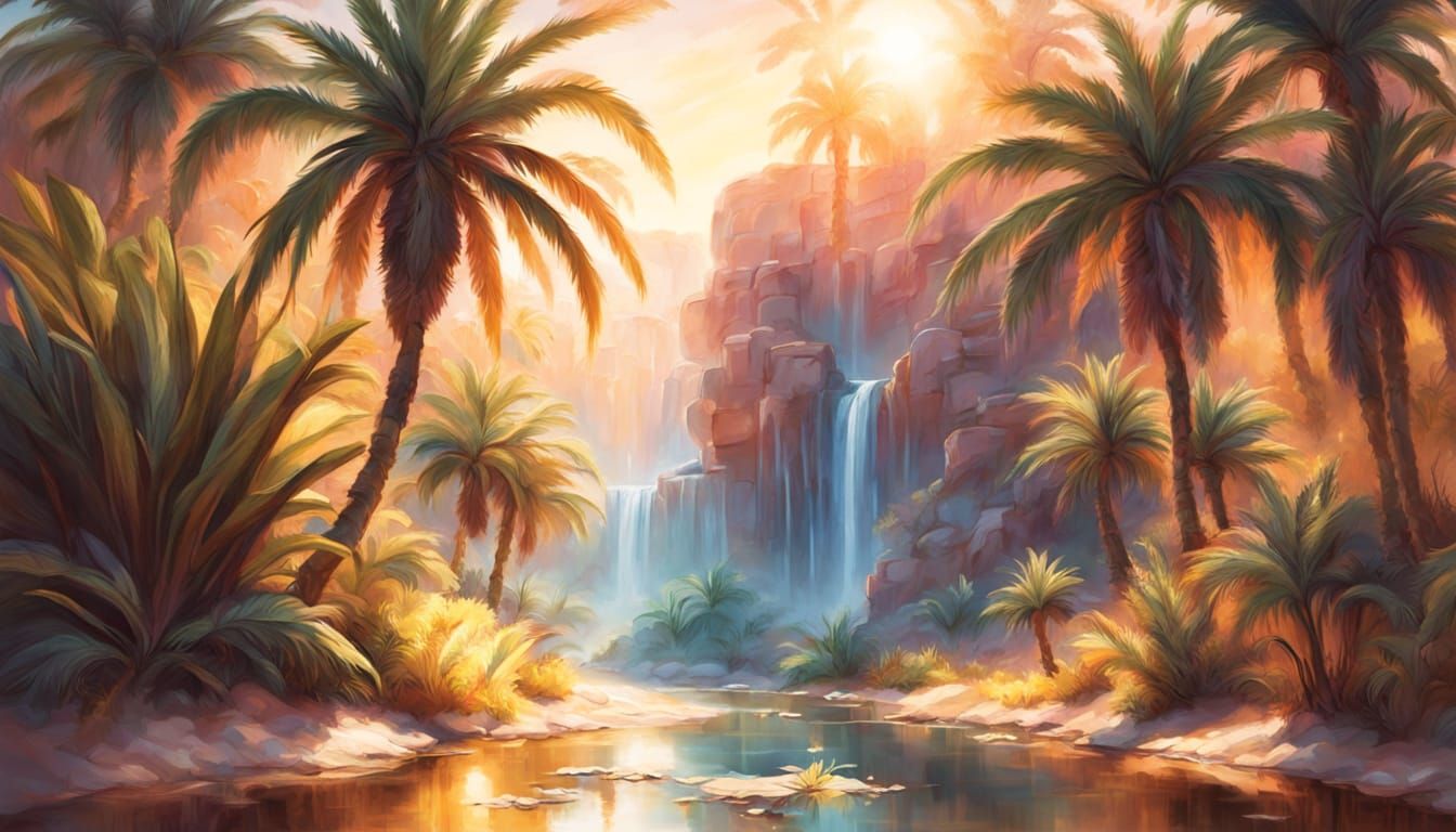 Surreal Desert Oasis at Sunrise: Oil Painting