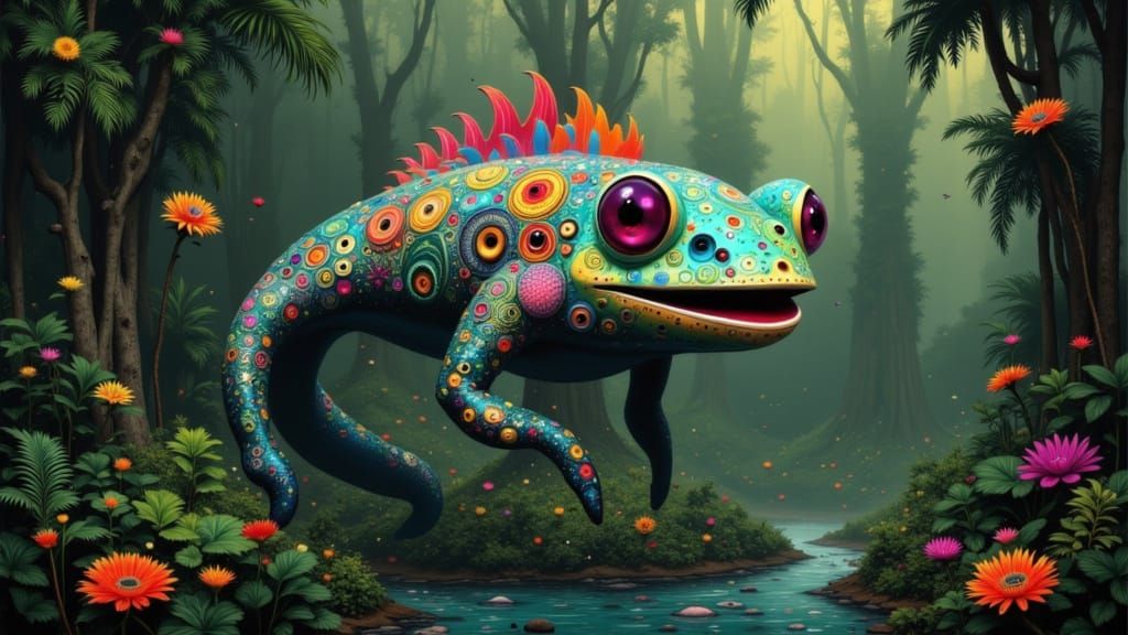 Surreal Frog in Futuristic Tropical Jungle