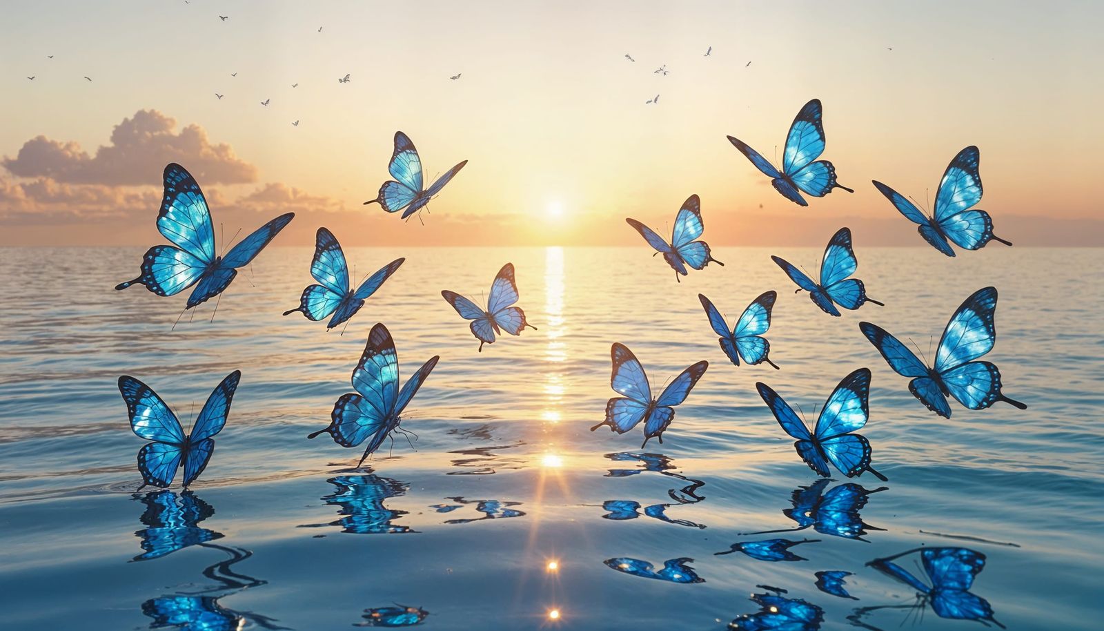 Blue Crystal Butterflies Soaring Over the Ocean