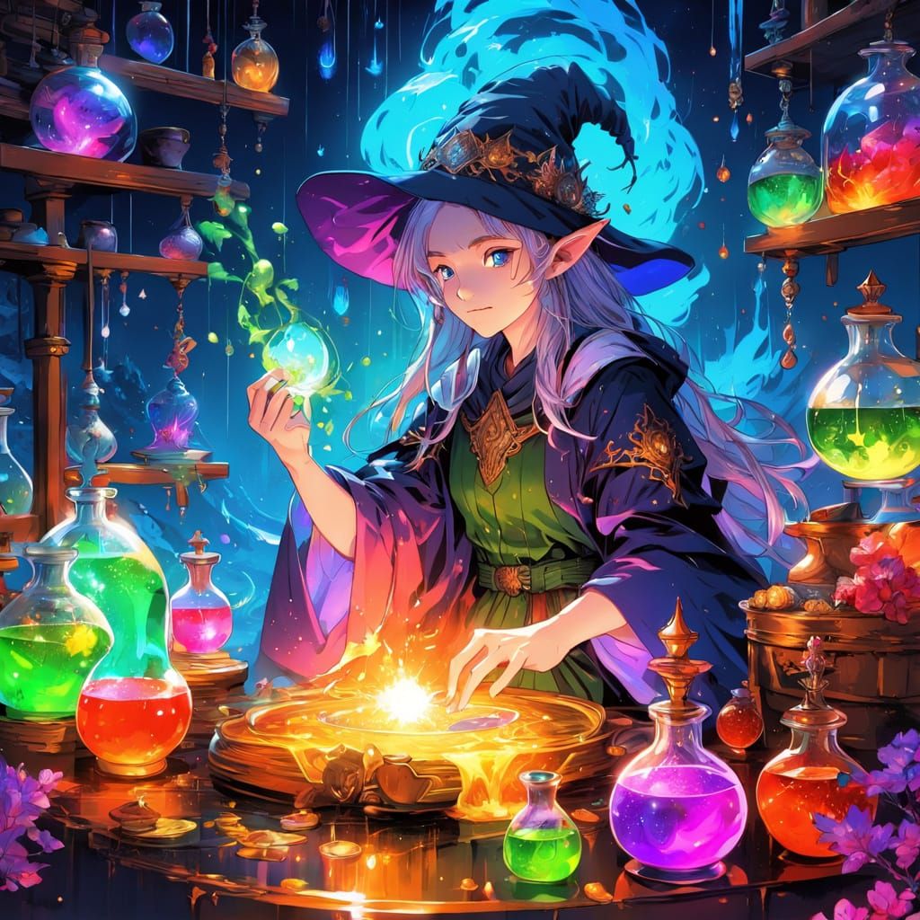 Elf Sorceress Prepares Potions in Enchanted Lab