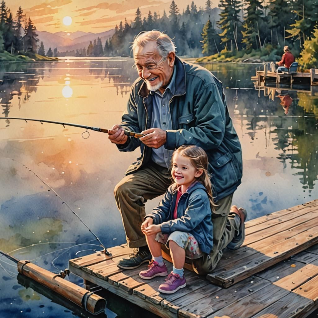 Grandfather and Granddaughter Fishing at Sunrise: Watercolor...