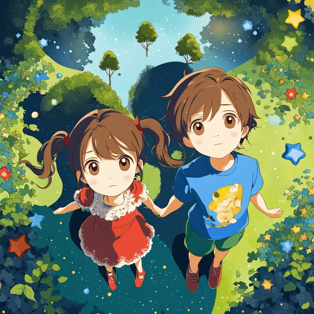Anime-Style Children Admiring Starry Sky