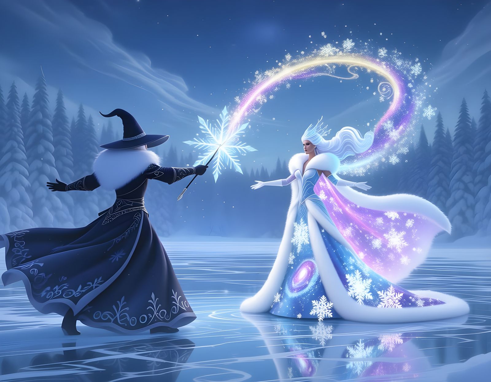 Sorcerer Battles Winter Sorceress in Snowy Fantasy Forest