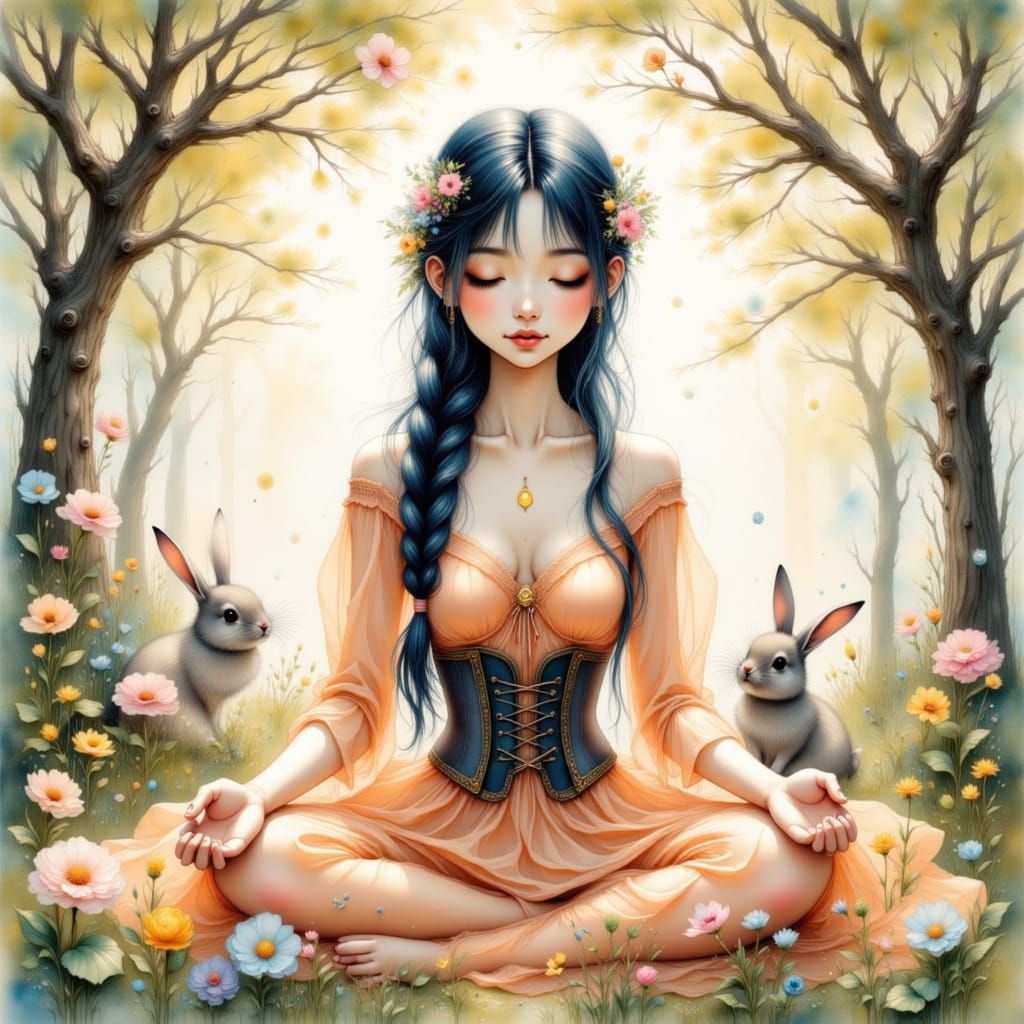 Anime Woman Meditating in Sun-Dappled Spring Woodland