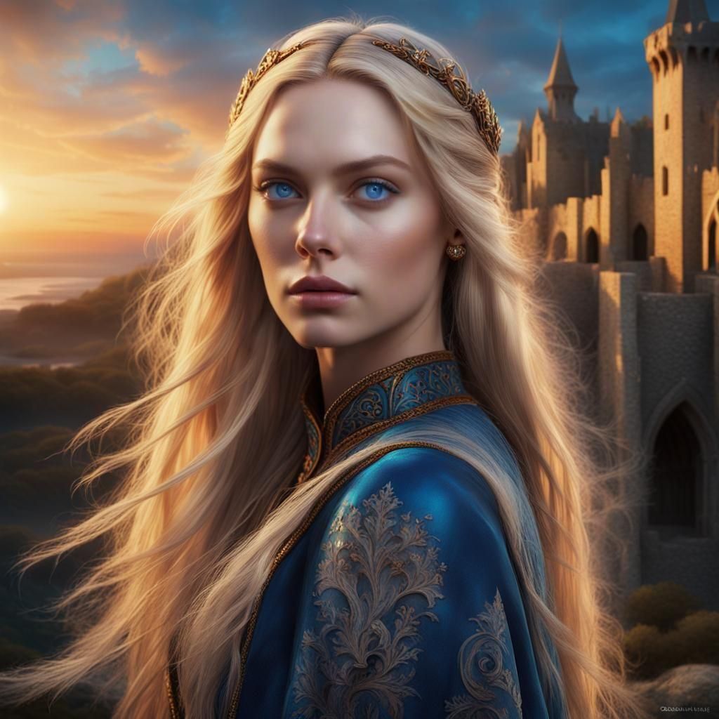 Medieval Woman Gazing at Sunset, Art Nouveau Style