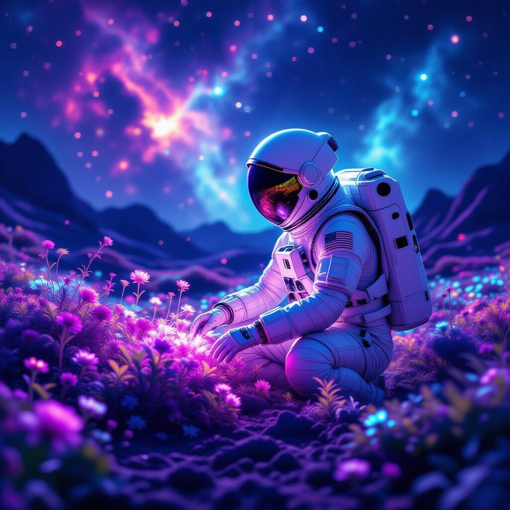 Astronaut Tends Bioluminescent Garden on Moon