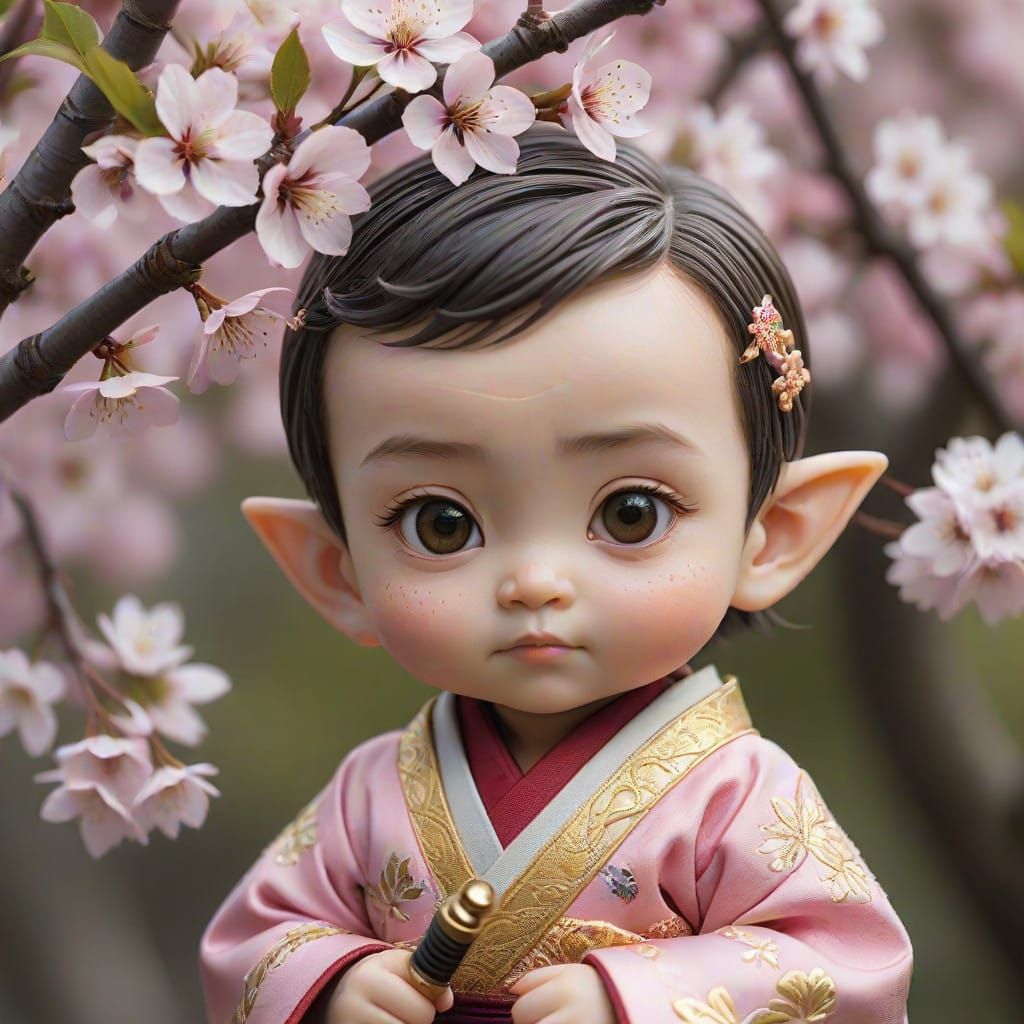Baby Elf Samurai Under Cherry Blossom