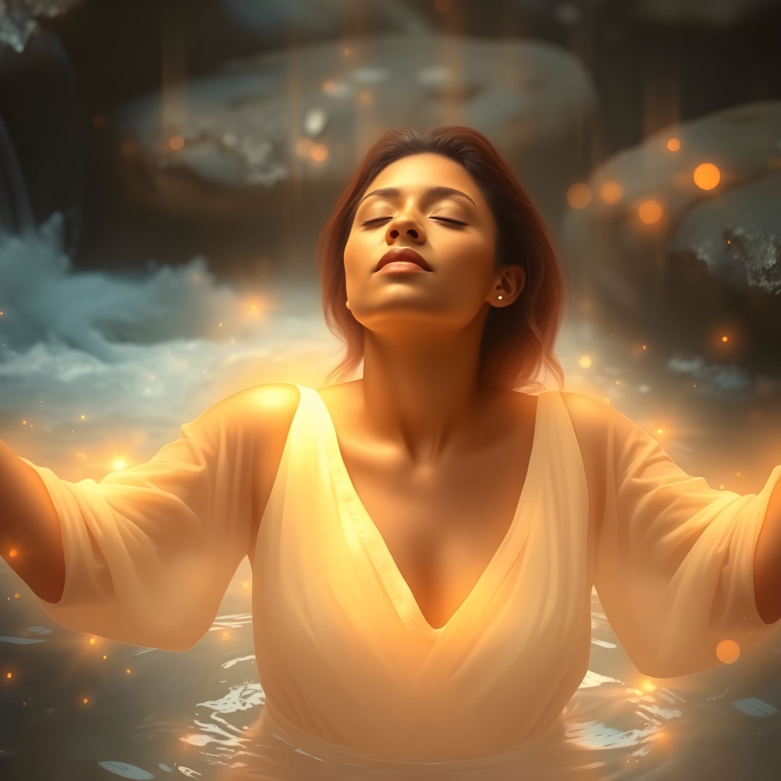 Woman Enveloped by Divine Light in Baptism