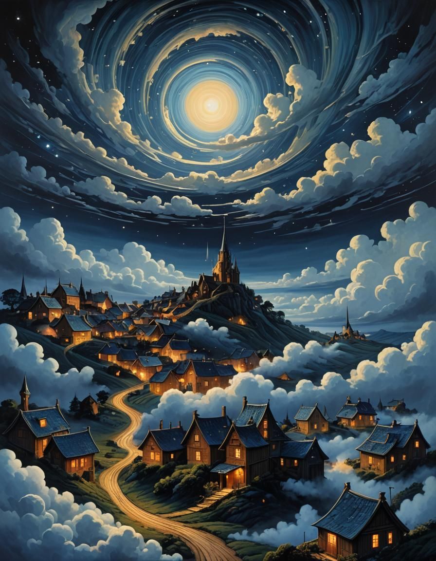 Dreamy Village: Surreal Landscape Art in Zaffre Hues