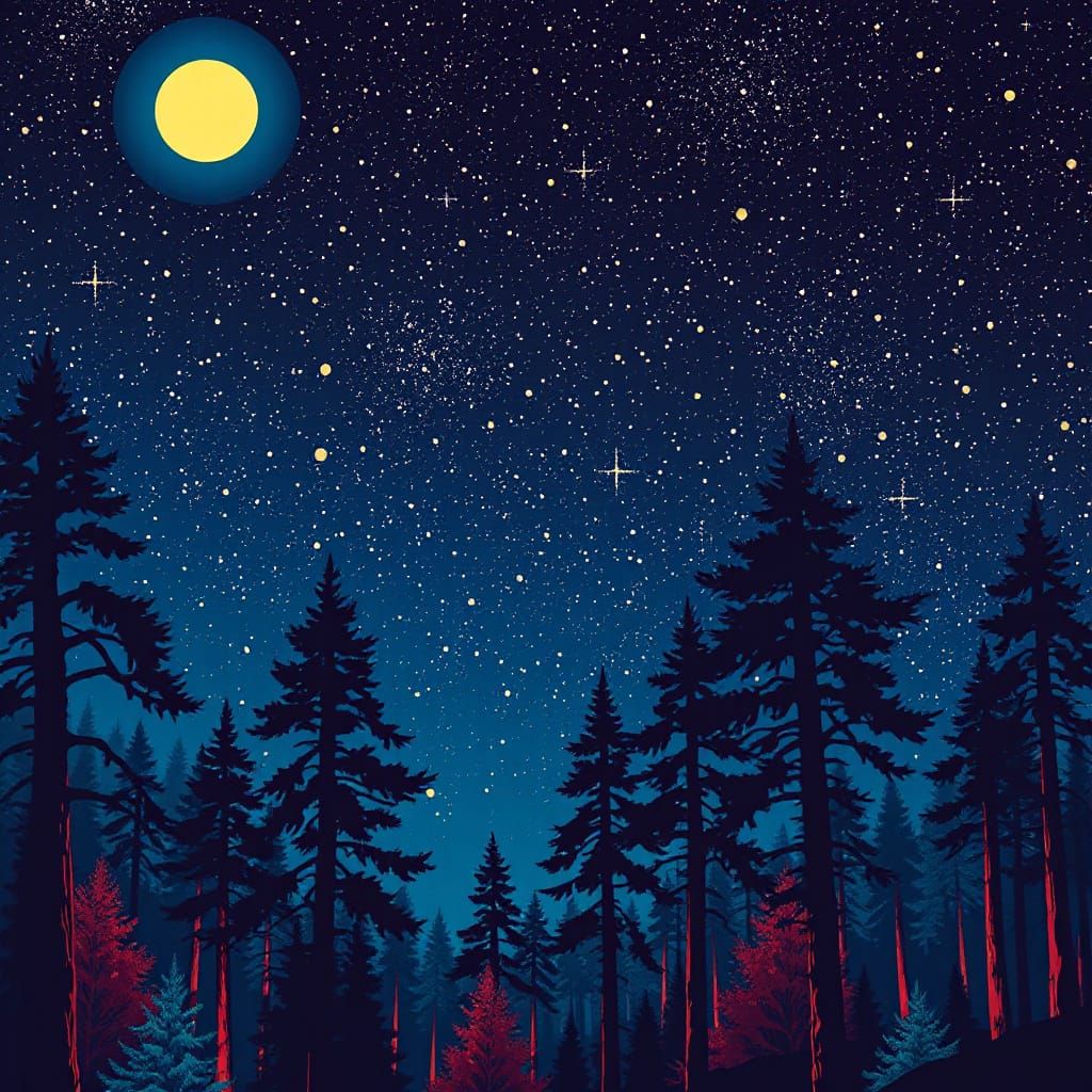 Mid-Century Pop Art Forest Night Sky