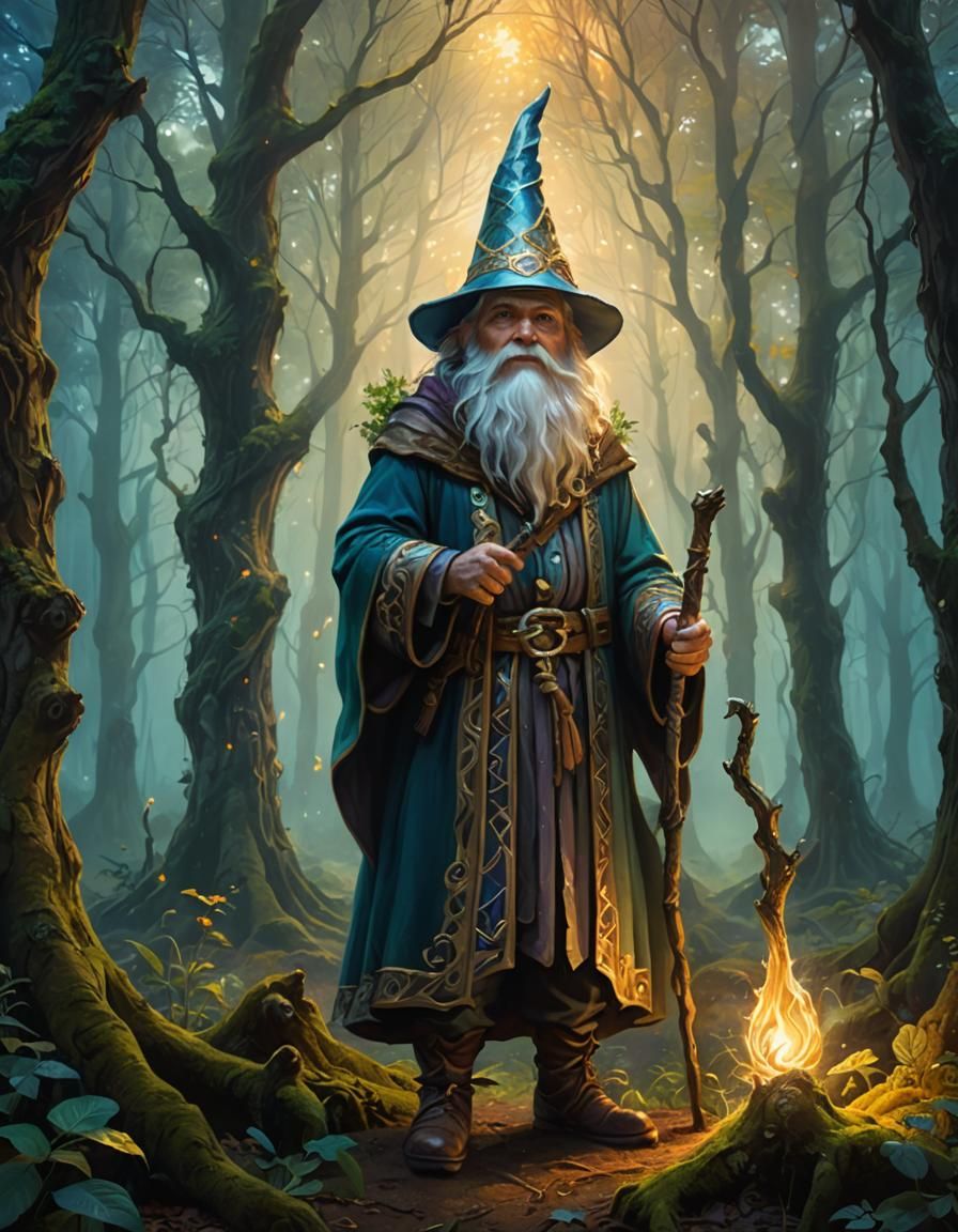 Gnome Wizard in Misty Forest: Oil Painting