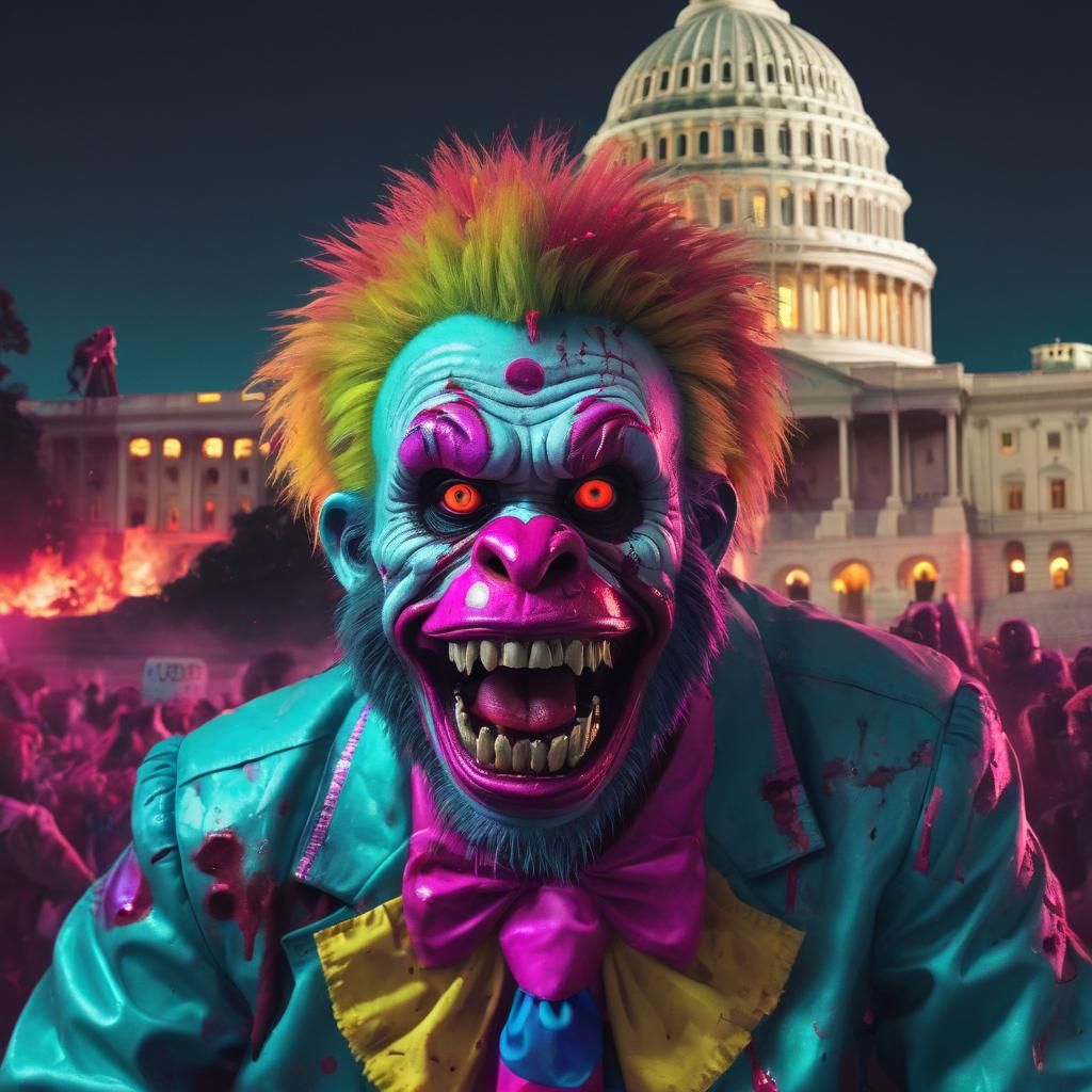 Zombie Monkey Clown Riot in Synthwave Style