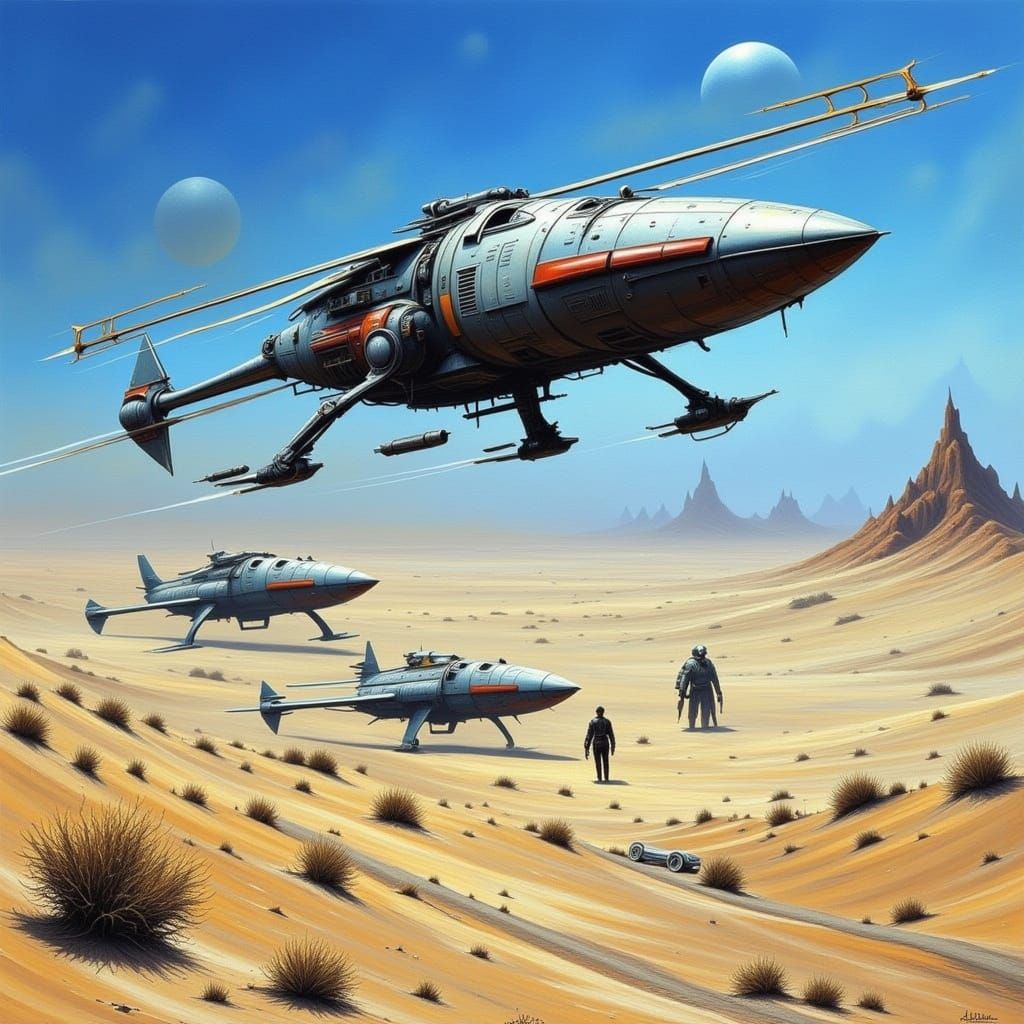 Sci-Fi Ornithopter Soars Over Blue Sand Desert