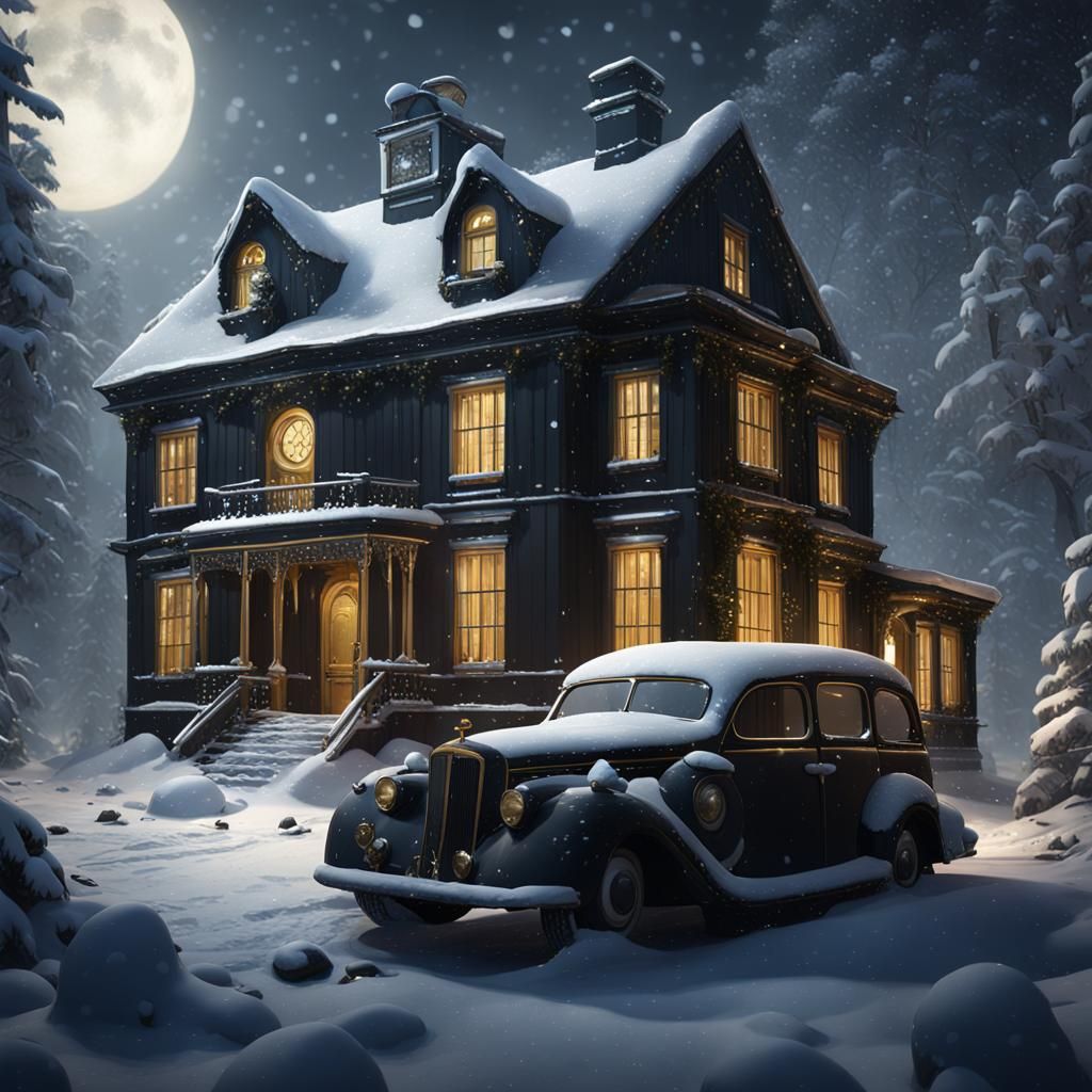 Snowy Black House with Golden Accents