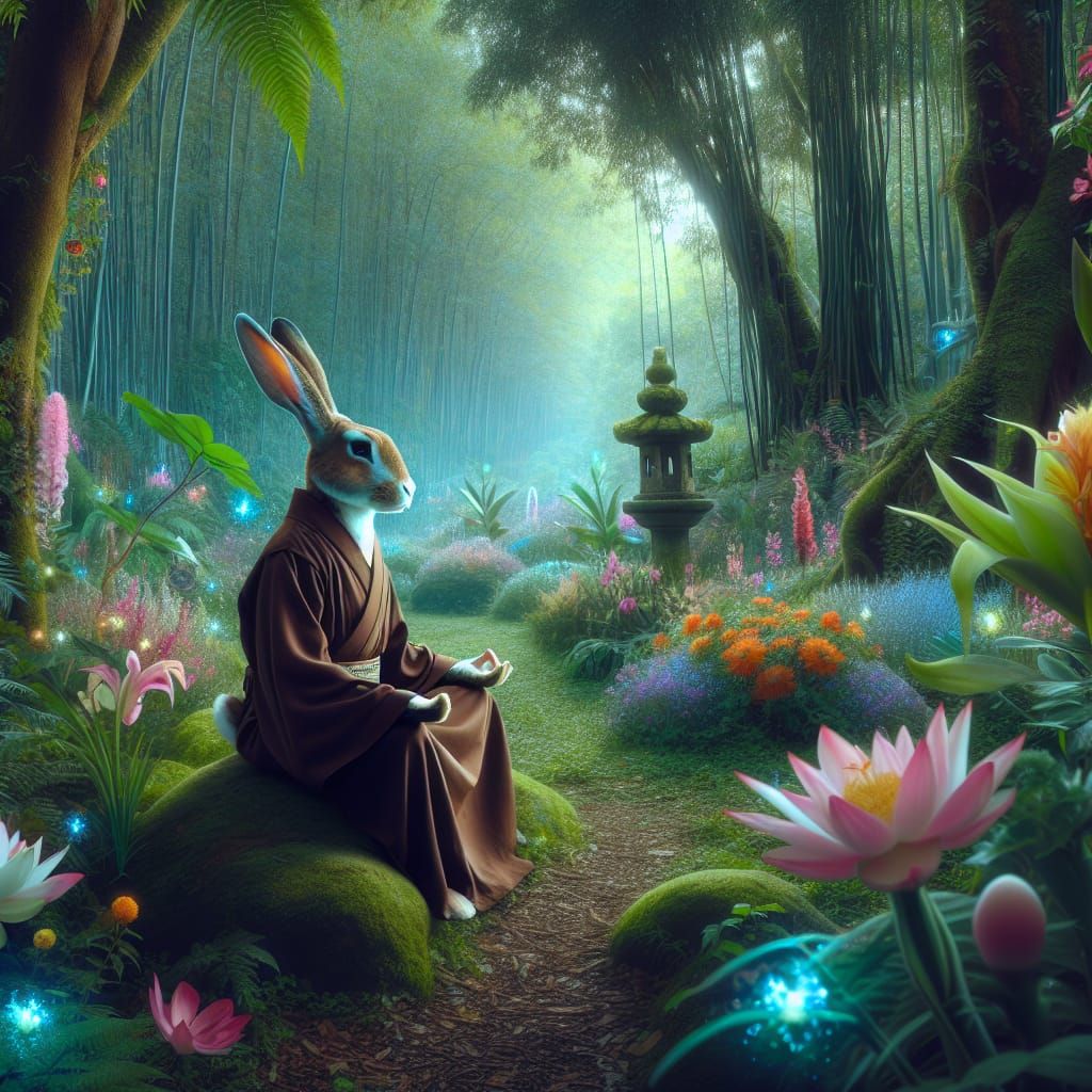 Meditating Rabbit in a Magical Forest