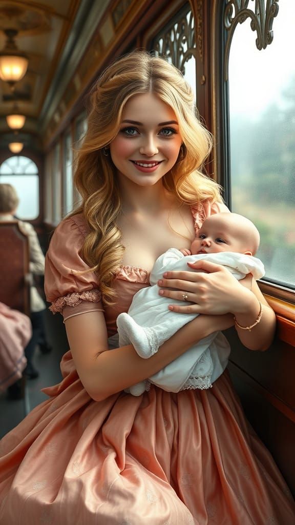 Victorian-Era Mother and Child on a Train in Whimsical Fanta...